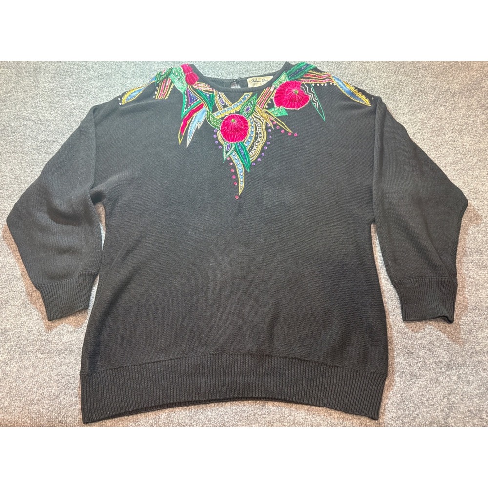 Vintage Chelsea Way Maria Bee Black Floral Sequin Embroidered Sweater Medium